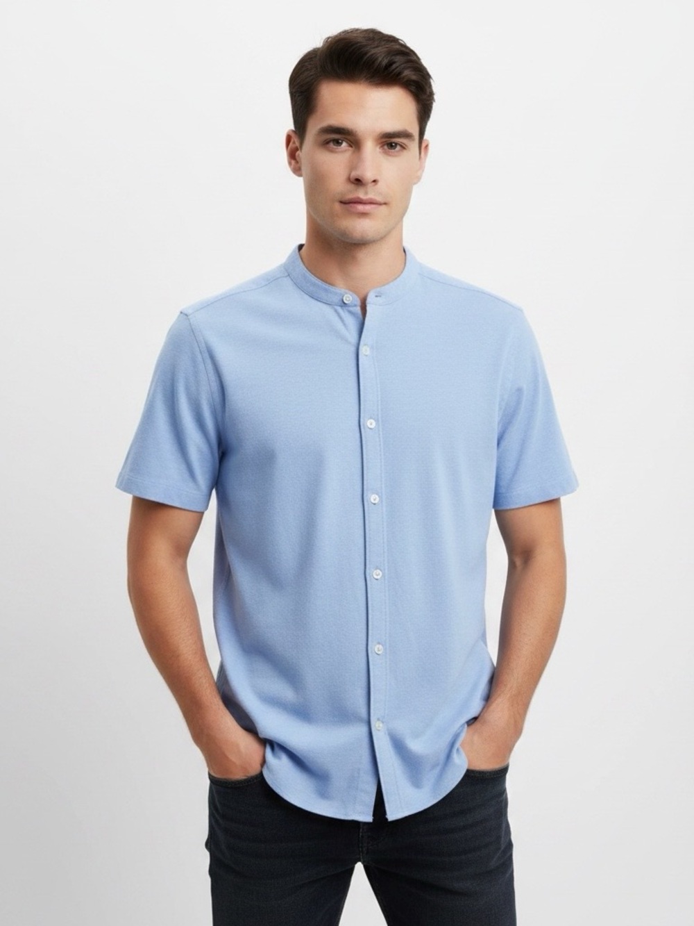Men Zara blue mandarin collar knit button down tshirt size small slim cotton tee